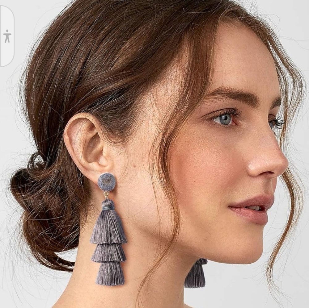 Silky Fringe Tassel Bohemian Statement Earrings Gray Gold DruzyQuartz 3-Tier NIB